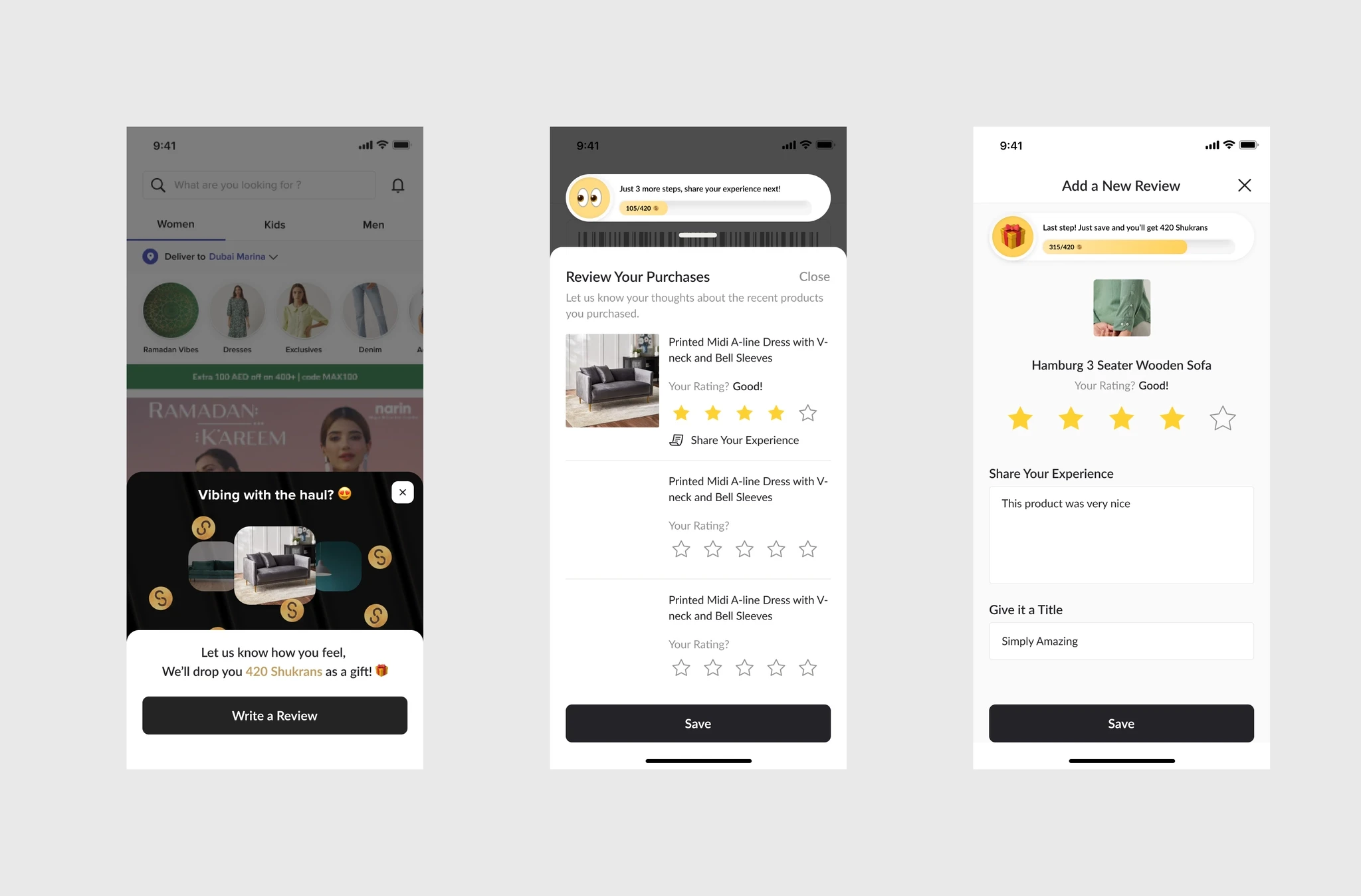 Three app screens: a prompt offering 420 Shukrans for a review, a sheet listing recent purchases to rate with a progress bar, and a product review form with stars, written feedback and a title.