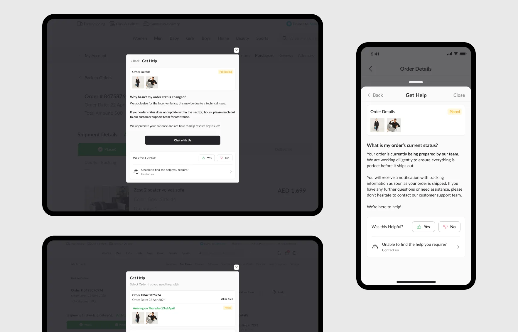Get help shown as a modal on desktop web, with an answer offering chat, and as a bottom sheet in the mobile app.