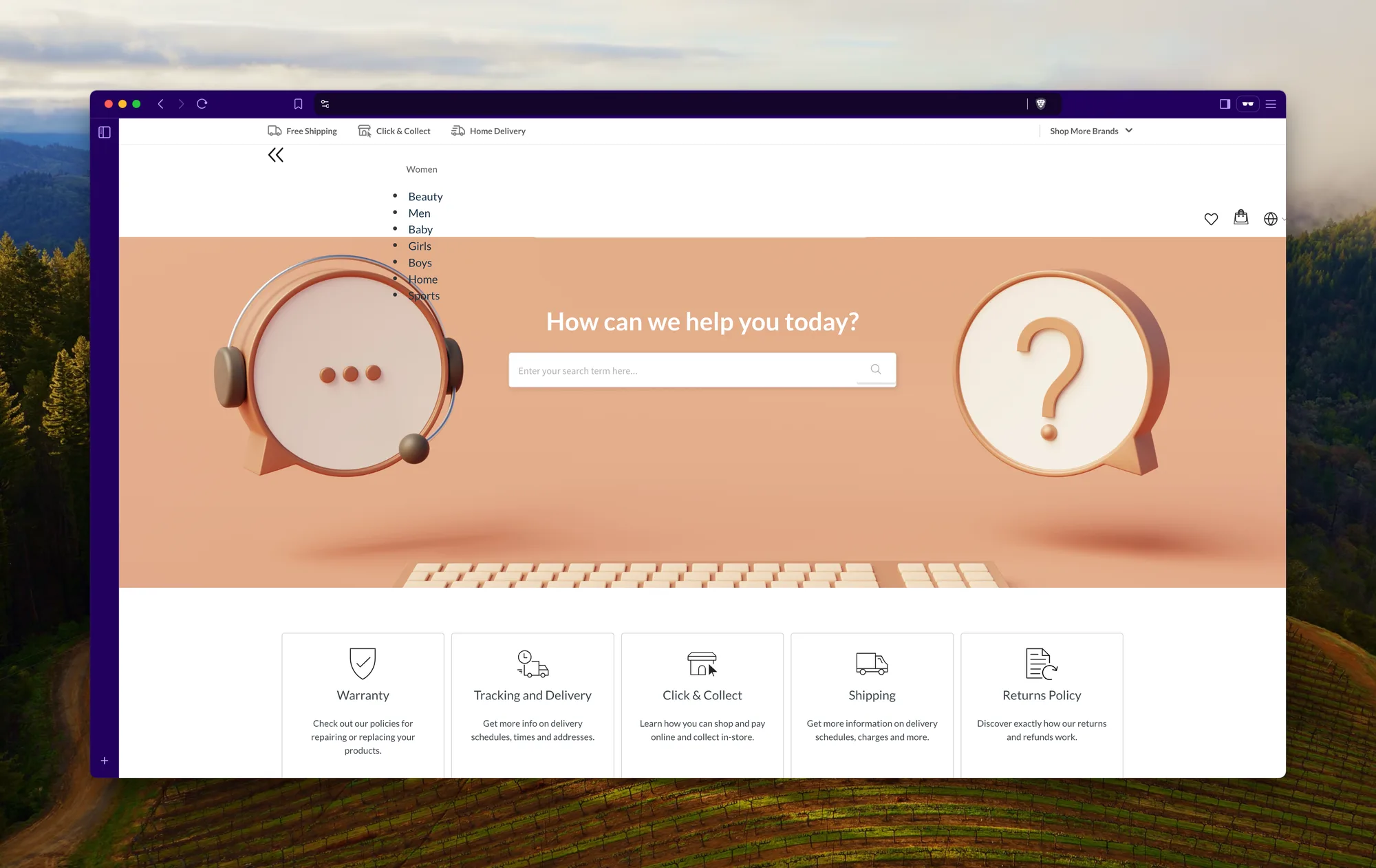 Help centre web page with a search field and topic cards for warranty, tracking and delivery, click and collect, shipping, and returns.
